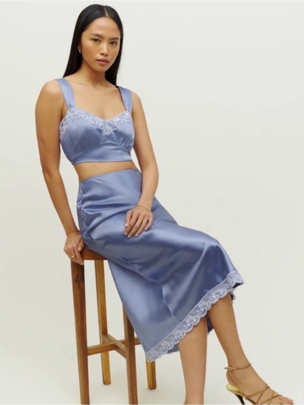 Reformation Periwinkle Blue Lace-Trim Bralette & Midi Slip Skirt Set